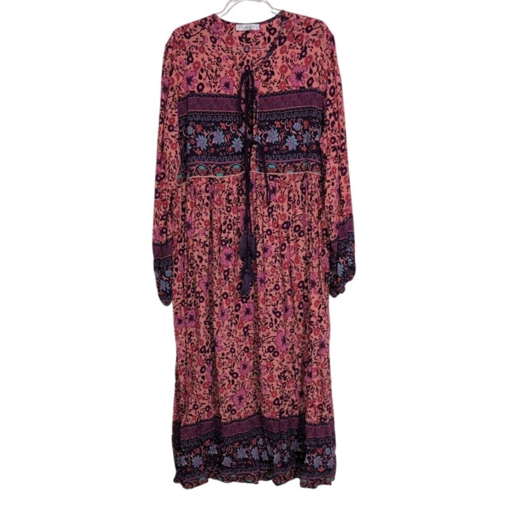 R Vivimos Floral Midi Dress Womens Size 2XL Pink Purple Cottage Tassel Boho